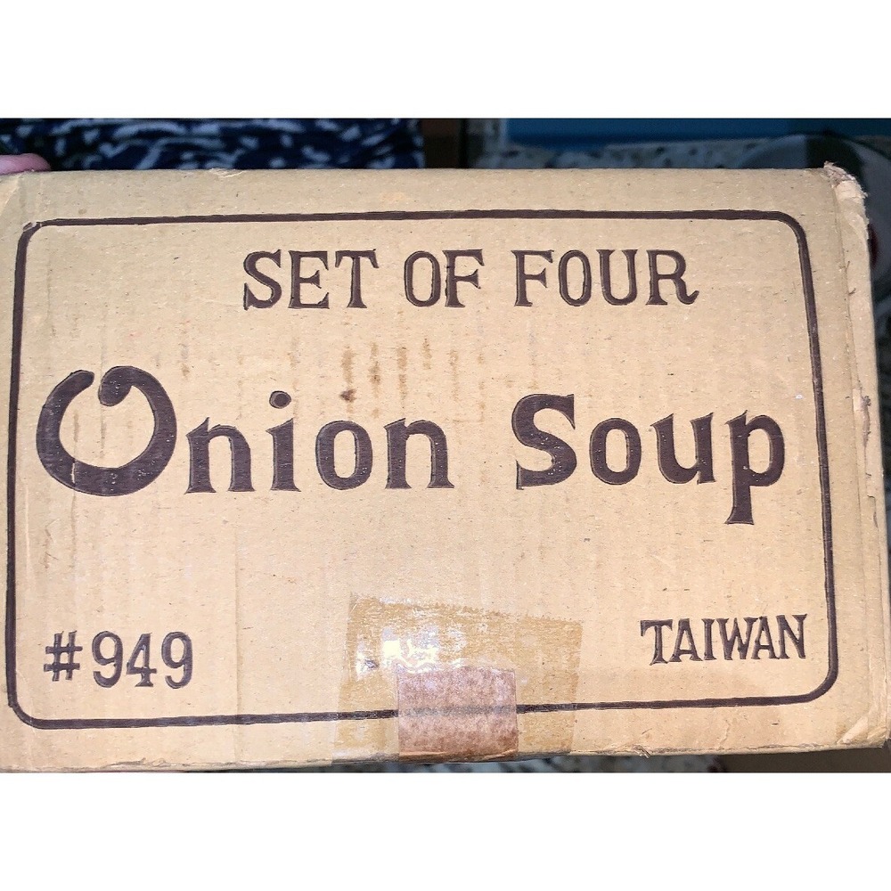 Onion Soup Stoneware Bowls Set Of 4 Rattan Trivets Vintage - Picture 9 of 9